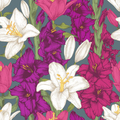 Vector floral seamless pattern with hand drawn gladiolus flowers and white lilies. Floral background in vintage style - 182826849