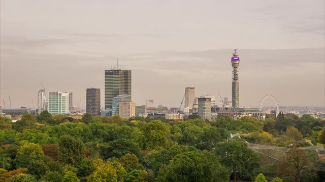 A 4K TimeLapse of the skyline of London at sunset as seen from Primrose Hill