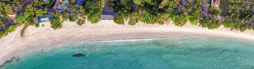 Overhead aerial panoramic view of beautiful tropical beach with trees and swimmers