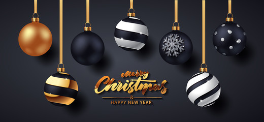 Christmas Balls with Shadows on dark background. Vector illustration