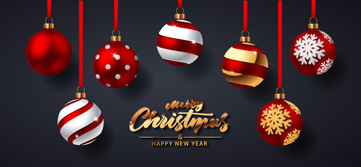 Christmas Balls with Shadows on dark background. Vector illustration