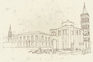 vector sketch of St.Donatus church on the Roma Forum in Zadar. Croatia.