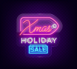 Christmas sales, neon sign, advertising bright festive discounts. New Year card sale, light banner. Xmas Winter Discounts, Flyer for your projects. Vector illustration. Neon sign on transparent glass