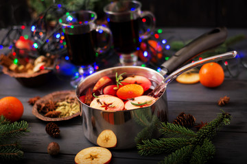 Fototapeta na wymiar Christmas mulled wine and spices. Christmas background.