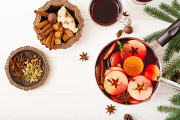Christmas mulled wine and spices. Christmas background. Flat lay. Top view