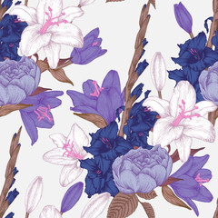 Vector floral seamless pattern with hand drawn gladiolus flowers, lilies and roses in vintage style