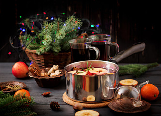 Christmas mulled wine and spices. Christmas background.