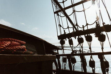 internal view of a Traditional sailing ship - adventure  navigation Concept.