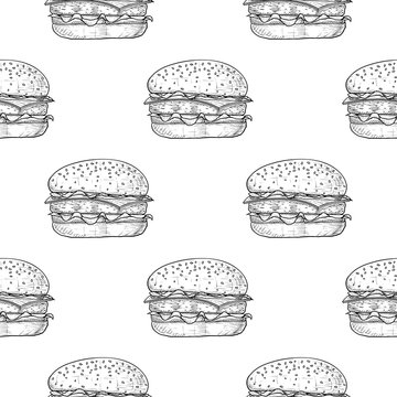 Hamburger. Seamless pattern. Hand drawn sketch