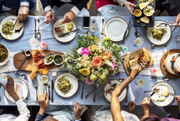 Aerial view of a bridal party dining table