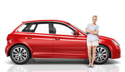 Illustration of a red car with a woman - obrazy, fototapety, plakaty