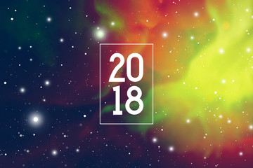 Astrological New Year 2018 Greeting Card or Calendar Cover on Cosmic Background.