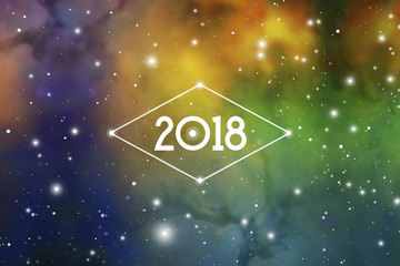 Astrological New Year 2018 Greeting Card or Calendar Cover on Cosmic Background.