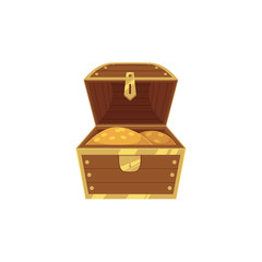 vector opened wooden treasure chest full of golden coins icon. Isolated illustration on a white background. Flat cartoon symbol of adventure, pirates, risk profit and wealth.