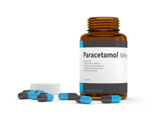 3d rendering of paracetamol bottle with pills over white - obrazy, fototapety, plakaty