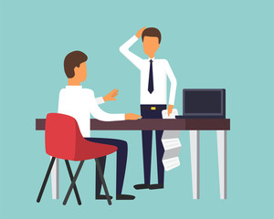 he chief and employee. Office manager holding documents. Business office vector illustration