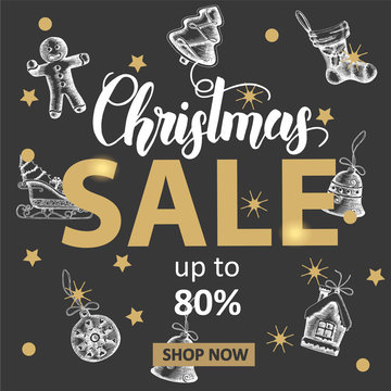 Christmas Sale banner with hand made lettering and hand drawn golden and black festive objects.  Up to 80% off. New Year. Sketch. Banner, flyer, brochure. Advertising