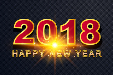 2018 Happy New Year greeting card with light, colored text Design on background texture