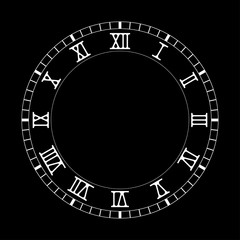 Clock face. Blank white clock with roman numerals on black background
