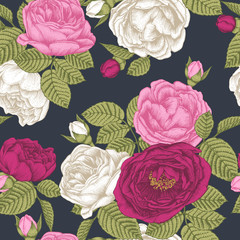 Vector floral seamless pattern with hand drawn roses in vintage style