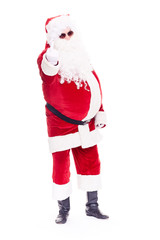 Portrait of cool Santa Claus in traditional costume wearing sunglasses on white background