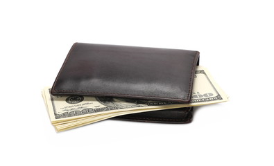US hundred dollar bills in brown wallet, isolated on white background
