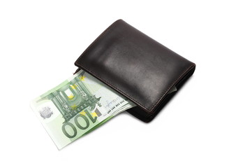 Hundred euro bills in brown wallet, isolated on white background
