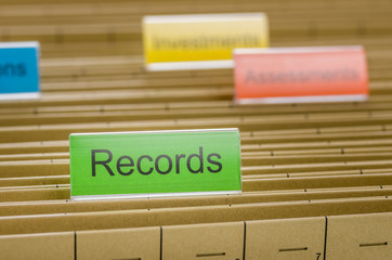 Hanging file folder labeled with Records