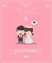Duration cute cartoon Wedding couple men and women card, cute Valentine's Day card, drawing by hand vector