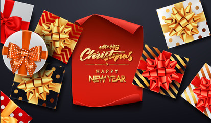 Christmas sale background with gifts boxes with gold bow. Template for postcard, booklet, leaflets, poster