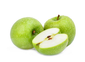 whole and half of green apple or granny smith apple with drop of water isloated on white background