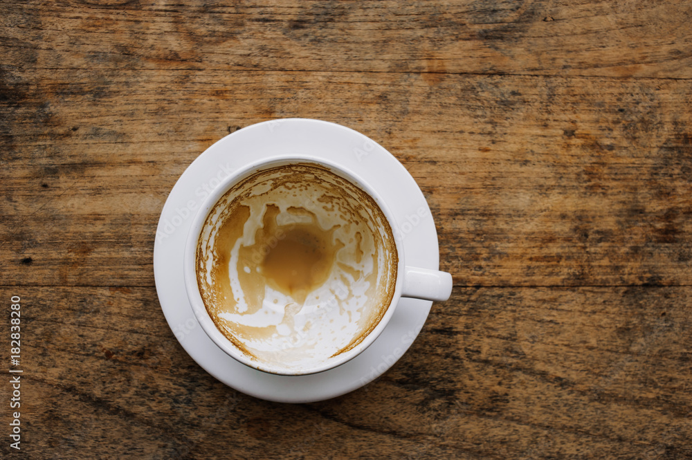 Wall mural top view of empty cup coffee after drink on wooden background