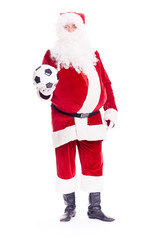 Portrait of Santa Claus holding soccer ball on white background