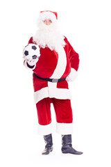 Portrait of Santa Claus holding soccer ball on white background