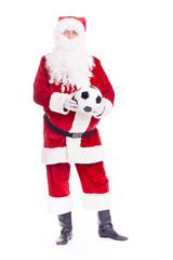 Portrait of Santa Claus holding soccer ball on white background