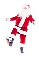 Portrait of Santa Claus playing soccer ball on white background