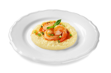 Fototapeta na wymiar Plate with fresh tasty shrimp and grits on white background