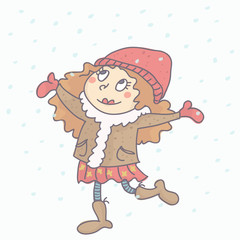 Sweet little girl in winter outfit with snow falling around her, colorful vector illustration
