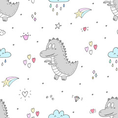 Cute seamless pattern with funny dinosaurs. vector illustration.