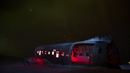 Airplane wreck at night