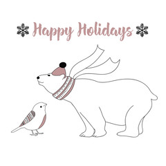 Christmas greeting card with cute animals: bear and bird. Handdrawn illustration. Happy holidays