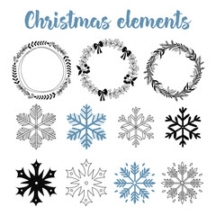 Handdrawn christmas elements. Snowflakes and christmas wreaths. Festive clipart