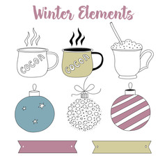 Christmas elements clipart. Handdrawn cacao cups, tea cups, tree toys and decoration