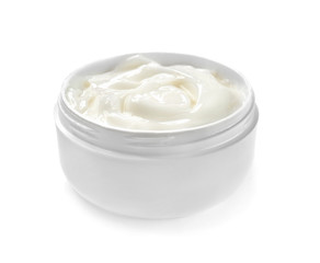 Jar with body cream on white background