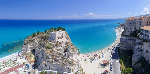 Tropea panoramic coastline and castle, aerial view of Calabria - obrazy, fototapety, plakaty
