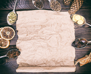 empty brown kraft paper sheet and spices