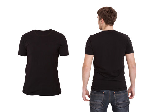 Young man wearing blank t-shirt isolated on white background. Copy space. Place for advertisement. Back view