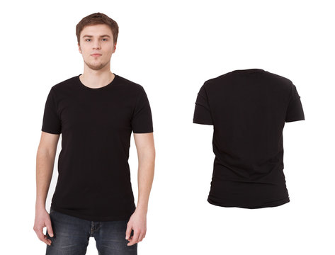 Black shirt isolated tshirt on white background. Front and back view of t-shirt. Shirts set