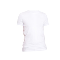 Close up of blank white t-shirt isolated on white background. Macro Shirt Template. Mock up and copy space