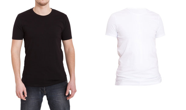 Close up of man in blank black and white t-shirt isolated on white. Mock up. Macro Shirts. Template Shirt